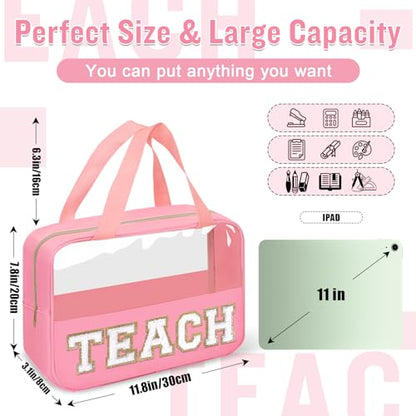 Teacher Appreciation Gifts Chenille Letter Clear Makeup Bag TEACH Pouch, Preppy Waterpoof Makeup Cosmetic Bag with Zipper Graduation Retirement Birthday Teacher Essentials Gifts for Women(TEACH-Pink) - color: TEACH-Pink