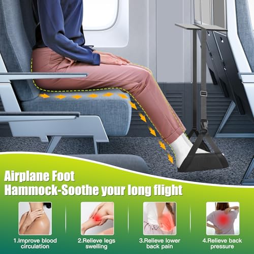Airplane Foot Hammock, No Collapse Foot Rest for Air Travel with Thickened Bamboo, Portable Leg Hammock for Plane Travel to Relax Your Feet, Foot Sling for Long Flights with Memory Foam (Black-B)
