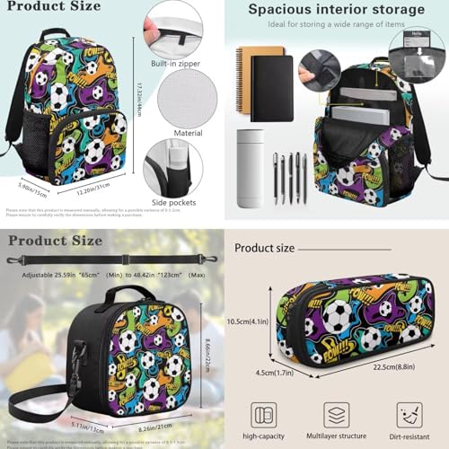 Kids Boys School Backpacks Set,Football Schoolbag Matching Combo for Preschool Primary, Lightweight Bookbag, Lunch Box Bundle and Pen Case Set - color: Football -1
