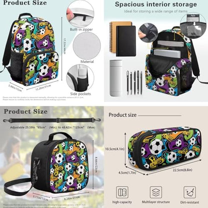 Kids Boys School Backpacks Set,Football Schoolbag Matching Combo for Preschool Primary, Lightweight Bookbag, Lunch Box Bundle and Pen Case Set - color: Football -1
