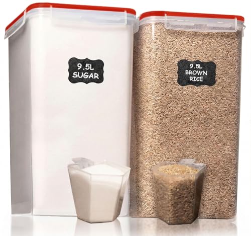 Shazo 2 PC (9.5L | 321 Oz) Extra Large Bulk Food Storage Containers with Airtight Lids for Flour, Sugar, Rice, Cereal & Pasta - Leakproof, BPA-Free Plastic Canisters for Kitchen & Pantry Organization - color: Red