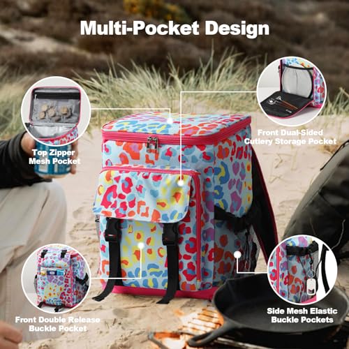 DYSHAYEN Cooler Backpack,Lightweight Backpack Cooler Insulated Leak Proof,30 Cans Soft Cooler Bag for Beach,Camping,Beach,Picnic,Lunch - color: Multi Leopard