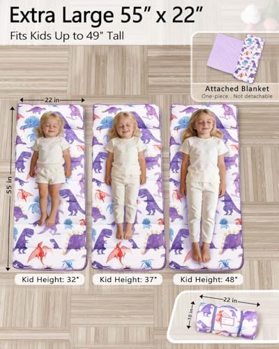 Primlect Thickened Toddler Nap Mat with Removable Pillow and Minky Blanket, Extra Large 55''x35'' Sleeping Bag, Washable, Roll up, Perfect for Daycare, Preschool, Kindergarten, Boys and Girls Dinosaur - color: purple