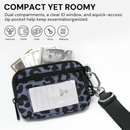 YDF Small Nylon Wristlet Wallet for Women, Minimalist Zip Keychain Coin Purse Card Case with Clear ID Window, Water-Resistant Pouch - color: Charcoal Leopard