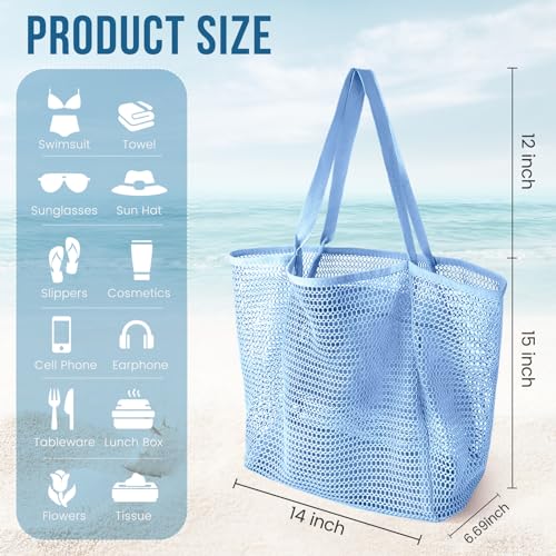 HOHOM Beach Bags for Women, Summer Travel Mesh Tote Bag with Large Inner Pocket, Sandproof Woven Shoulder Handbag - color: Harbor Blue