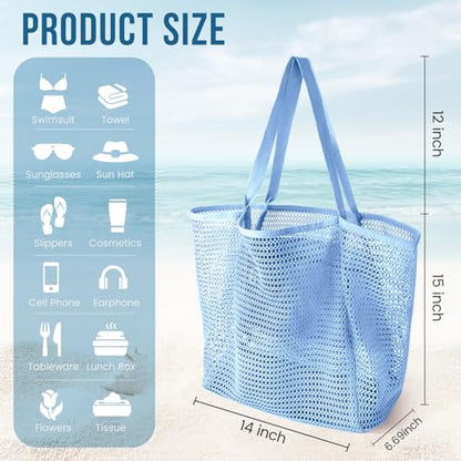 HOHOM Beach Bags for Women, Summer Travel Mesh Tote Bag with Large Inner Pocket, Sandproof Woven Shoulder Handbag - color: Harbor Blue