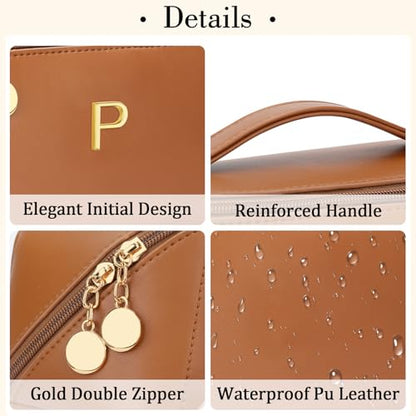 Birthday Gifts for Women Teen Girl, Personalized Initial Makeup Organizer Bag Set, Open Flat Travel Cosmetic Bag With Clear Divider and Handle(Brown,P) - color: Brown, style: P