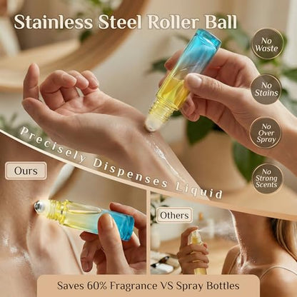 PrettyCare 4 Pack, 10 ml Essential Oil Roller Bottles with Stainless Steel Roller Ball - Refillable Leak-proof Empty Thick Blue& Yellow Glass Roll on Bottles with Golden Caps for Travel, Perfume - color: Gradient Blue-Green, size: 4 Pack