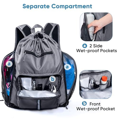 Large Beach Backpack Waterproof Sandproof - Customized Oversized Drawstring Pool Bag with Shoe Compartment for Toiletries, Towels, Gym, Travel - color: Grey
