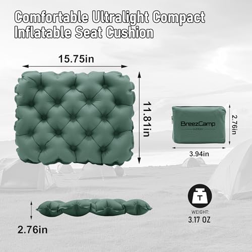 Inflatable Seat Cushion, Lightweight Stadium Seat Pad, Travel Air seat Cushion Anti-Slip for Airplane, Hiking, Climbing, Home and Camping,Olive Green