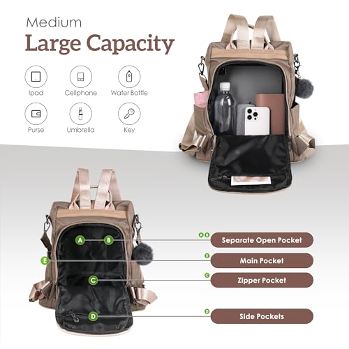 PINCNEL Women Khaki Medium Backpack Purse Waterproof Nylon Anti-theft Rucksack Lightweight Shoulder Bag - color: Khaki, size: Medium
