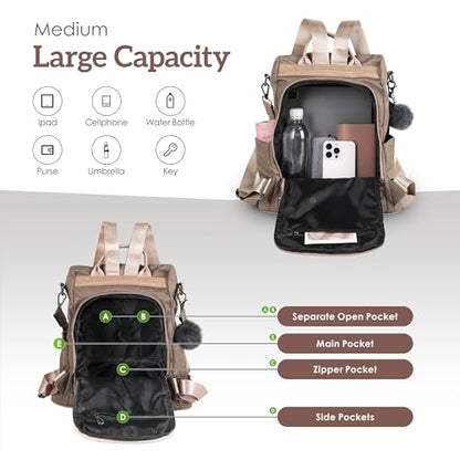 PINCNEL Women Khaki Medium Backpack Purse Waterproof Nylon Anti-theft Rucksack Lightweight Shoulder Bag - color: Khaki, size: Medium