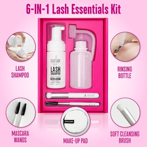 STACY LASH Lash Shampoo 100ml Kit Korean Makeup Remover/Foaming Cleanser with Eye Lash Spoolies & Rinse Bottle & Cleansing Pad & Brush for Eyelash Extensions & Clusters & Natural Eyelashes - color: Shampoo Kit