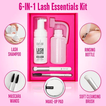 STACY LASH Lash Shampoo 100ml Kit Korean Makeup Remover/Foaming Cleanser with Eye Lash Spoolies & Rinse Bottle & Cleansing Pad & Brush for Eyelash Extensions & Clusters & Natural Eyelashes - color: Shampoo Kit