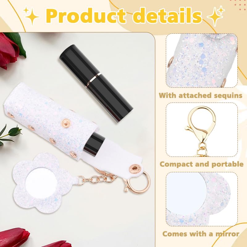Sisadodo Glitter Lip Oil Holder Key Chains for Woman Lipstick Case with Mirror Lip Balm Keychain for Lipstick Case Keychain - color: White-flower