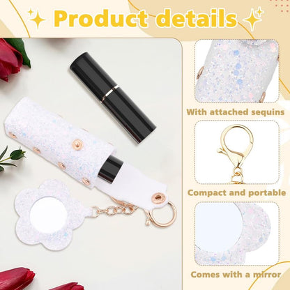 Sisadodo Glitter Lip Oil Holder Key Chains for Woman Lipstick Case with Mirror Lip Balm Keychain for Lipstick Case Keychain - color: White-flower