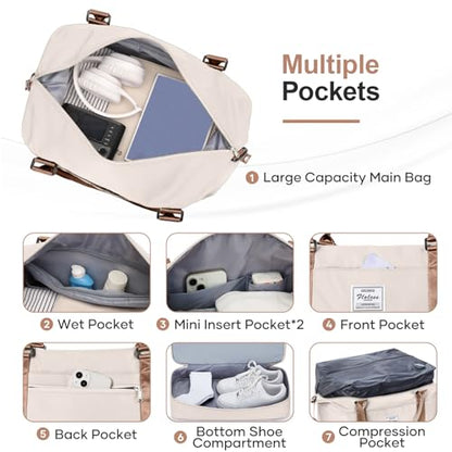 Overnight Weekender Bags for Women,Vacuum Travel Duffel Bag with Air Pump, Personal Item Travel Bag with Shoes Compartment & Compression Pocket,Beige & Brown - color: A-Beige & Brown with Air Pump, size: Large