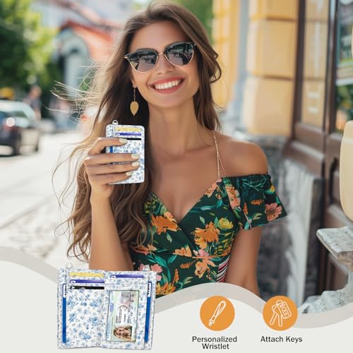 Yonlevres Credit Card Holder Slim Wallet Women, Floral Flowers RFID Blocking Small Front Pocket Travel Cute Thin ID Window PU Leather Mini Organizer Case Purse Gift Woman Girls Ladies - color: Floral Blue