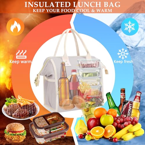 LOKASS Lunch Bag Women Insulated Lunch Box Wide-Open Lunch Tote Bag Large Cooler Bag for Work Picnic Hiking Beach（Light Gray） - color: Cream Gray