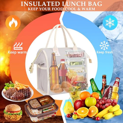 LOKASS Lunch Bag Women Insulated Lunch Box Wide-Open Lunch Tote Bag Large Cooler Bag for Work Picnic Hiking Beach（Light Gray） - color: Cream Gray