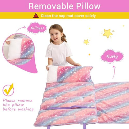 Lasoftan Toddler Nap Mat with Pillow and Blanket, Extra Large Rolled Napping Mats,Slumber Bags for Boys Girls,Kids Sleeping Bag for Daycare, Preschool Travel Camping - color: Glowing Star