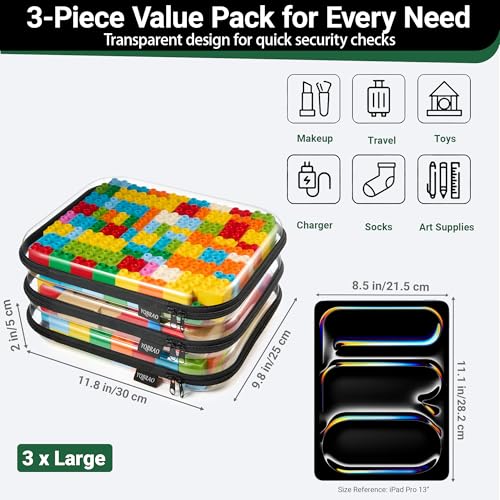 YQBRAO 3-Pack Large Clear Hard Shell Zipper Case, 1.2mm Rigid Toy & Cosmetic Bags, Heavy-Duty Diaper Bag Pouch Set with YKK Zippers, Waterproof Travel & Makeup Organizer (Black) - color: Black, size: 3 Pack(L)