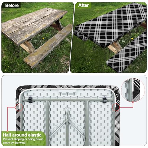 Picnic Table Cover with Bench Covers 6FT 3 Pcs Waterproof Windproof Aesthetic Camping Tablecloth with Drawstring Bag, Fitted for 6 Foot Rectangle Tables and Seats, 72 inch, Black Grey Checkered - color: Black Grey Checkered