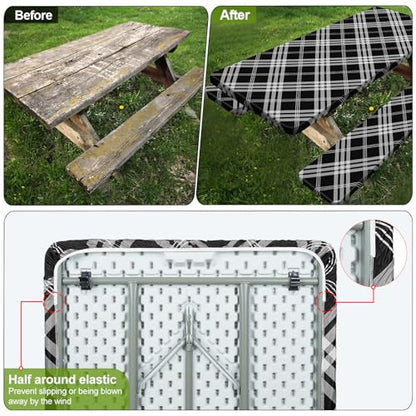 Picnic Table Cover with Bench Covers 6FT 3 Pcs Waterproof Windproof Aesthetic Camping Tablecloth with Drawstring Bag, Fitted for 6 Foot Rectangle Tables and Seats, 72 inch, Black Grey Checkered - color: Black Grey Checkered
