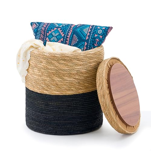 Wimarsbon Round Pouf Ottomans, Handwoven Natural Water Hyacinth Seagrass Pouffe,Outdoor Rattan Stool Accent Seat, Bohemian Coastal Home Decor (Storage -14inch Natural Cattail & Black Corn Shell) - color: Storage -14inch Natural Cattail & Black Corn Shell