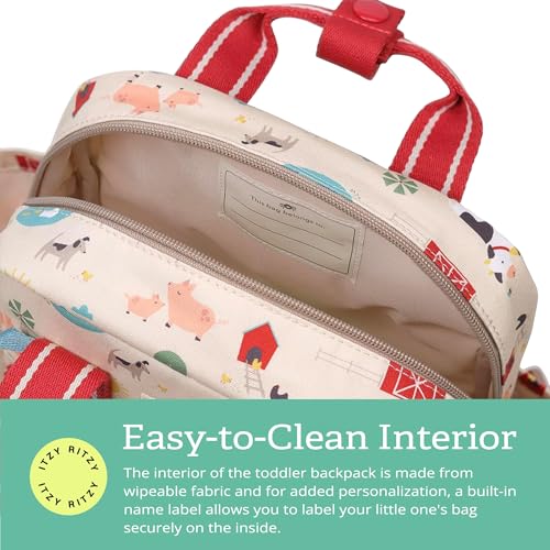 Itzy Ritzy Toddler Backpack - Daycare Bag - Features Adjustable Shoulder Straps, 2 Side Pockets & Spacious Interior with Wipeable Fabric Lining & Name Label, Farm Backpack - color: Farm