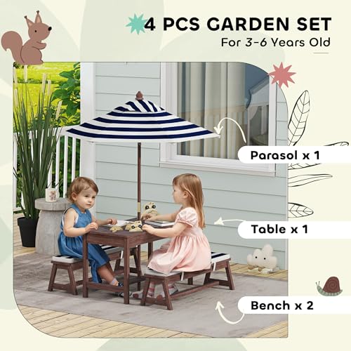 Qaba Kids Picnic Table, Outdoor Wooden Table & Bench Set with Cushions and Umbrella, Children Backyard Furniture for Patio, Garden, Navy Blue