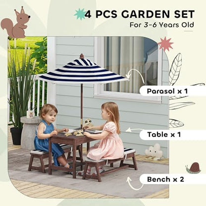 Qaba Kids Picnic Table, Outdoor Wooden Table & Bench Set with Cushions and Umbrella, Children Backyard Furniture for Patio, Garden, Navy Blue