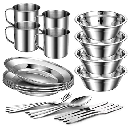 Odoland 29pcs Stainless Steel Utensils Camping Mess Kits with Bowls Plates Cups Forks Spoons and Knives for 4, Camping Cutlery Set for Backpacking, Outdoor Hiking and Picnic