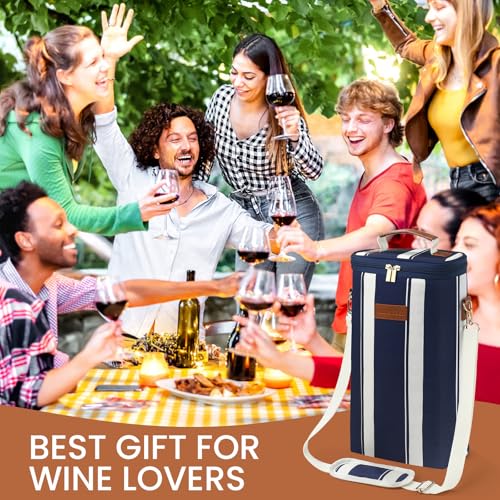 BLUBYEES 2-Bottle Insulated Wine Carrier Tote - Leakproof Padded 900D Oxford Wine Cooler Bag for Travel, Picnics, Beach & Parties - Ideal Wine Gift for Wine Lovers - color: Prussian Blue