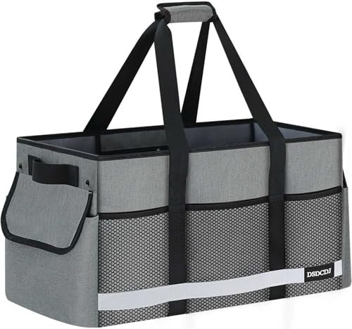 Upgrade Extra Large Utility Tote Bag with Reflective Strip, Standing Reusable Grocery Bags with Hard Bottom & 4 Sided Reinforced, Collapsible Utility Tote with Handles for Beach, Picnics, Car - color: Grey