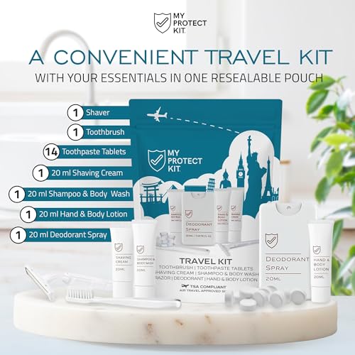 MY PROTECT KIT Travel Kit - 20 Pieces Travel Size Toiletries Set, Toothbrush, Shaver, Toothpaste Tablet, Shampoo & Body Wash, Shaving Cream, Lotion, Deodorant Spray, Pack of 1 - size: Travel Kit (Pack of 1)