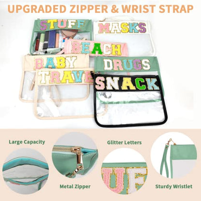 Iqimott Chenille Letter Clear Bag Stuff Pouch, Monogram PVC & PU Makeup Cosmetic Bag Zipper Toiletry Pouch, Waterproof Portable Travel Beach Snack Wristlet Bags for Women Girls(Stuff, Green) - color: Stuff-Green