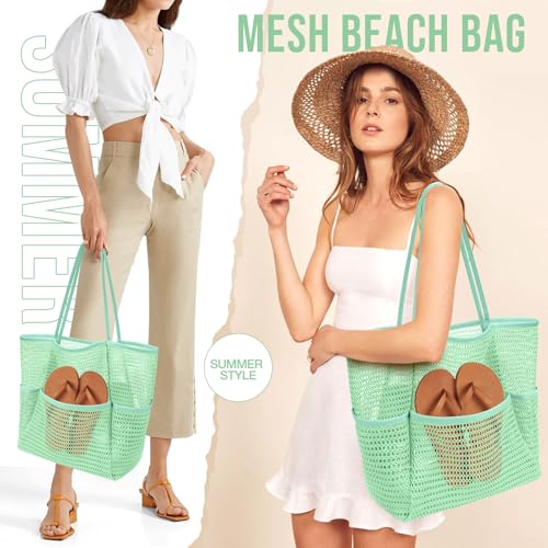 KPX Beach Bag with Mini Pocket, Summer Beach Tote Bags for Women Large Foldable Mesh Swimming Pool Travel Bags - Sandproof - color: Mint