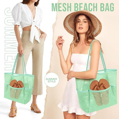 KPX Beach Bag with Mini Pocket, Summer Beach Tote Bags for Women Large Foldable Mesh Swimming Pool Travel Bags - Sandproof - color: Mint