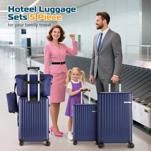 Hoteel Luggage Sets 5 Piece (4-YEARS WARRANTY), ABS+PC Suitcases with Wheels and Side Hook, Hardshell 20/24/28 inch Luggage with Duffel Bag Travel Bag, Dark Blue - color: Dark Blue, size: 5 Piece Set (20/24/28/DB/TB)