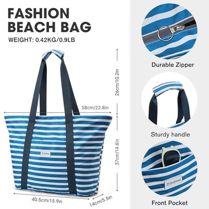 G4Free Beach Bag, Waterproof Beach Bags for Women, Personalized Strap Tote Bag for Women Birthday Gifts - color: Deep Blue Stripe