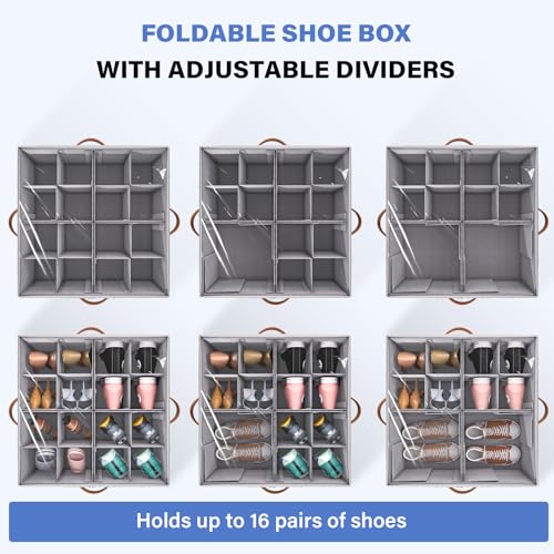 Dayacoco 2 Pack Shoe Organizer for Closet, Fits Up to 16-32 Pairs, Foldable Shoe Storage Organizer, Shoe Containers with Clear Cover, Large Shoe Boxes Boot Storage, Adjustable Dividers