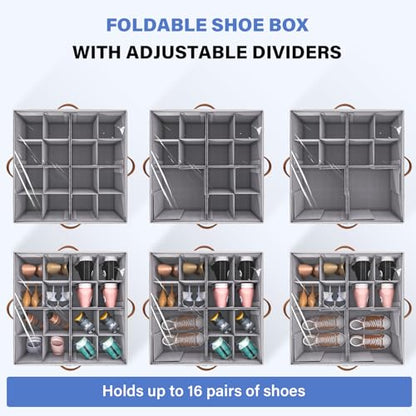Dayacoco 2 Pack Shoe Organizer for Closet, Fits Up to 16-32 Pairs, Foldable Shoe Storage Organizer, Shoe Containers with Clear Cover, Large Shoe Boxes Boot Storage, Adjustable Dividers