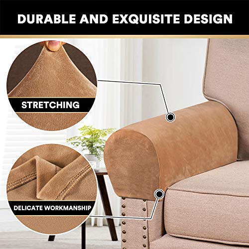 PrinceDeco 2 Pack Thick Velvet Stretch Armrest Covers for Chairs & Sofas - Non Slip, Camel - color: Camel