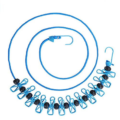 1 Pack Portable Clothesline with 12 Clothespins, Windproof Travel Clothesline Stretchy Retractable Elastic Laundry Clothes Line for Backyard, Vacation Hotel, Balcony Clothes Drying Line - size: 1P - Blue