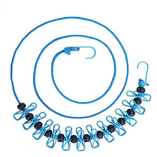 1 Pack Portable Clothesline with 12 Clothespins, Windproof Travel Clothesline Stretchy Retractable Elastic Laundry Clothes Line for Backyard, Vacation Hotel, Balcony Clothes Drying Line - size: 1P - Blue