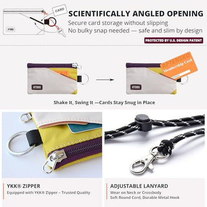 RFID Blocking Travel Wallet with Adjustable Lanyard, Small Nylon Zipper Pouch and Badge Holder for ID, Credit Cards, Cash, Keys, Commuters (Almond+DarkYellow) - color: Almond+DarkYellow