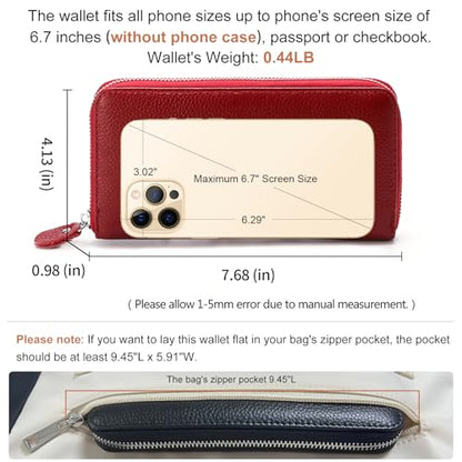 Moflycom Womens Wallet RFID Blocking Genuine Leather Zip Around Wallet Clutch Wristlet Travel Long Purse for Women - color: Deep Red