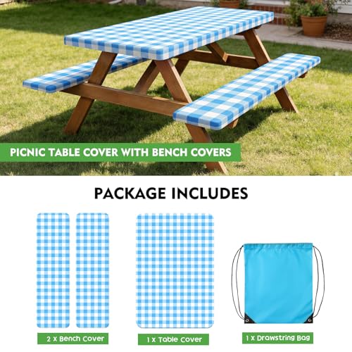 Picnic Table Cover with Bench Covers, Fitted 6ft Waterproof Tablecloth Set for Outdoor Camping & RV - Includes 1 Table Cover & 2 Bench Covers with Drawstring Storage Bag, 30"x72", White Blue Grid - color: White Blue Grid