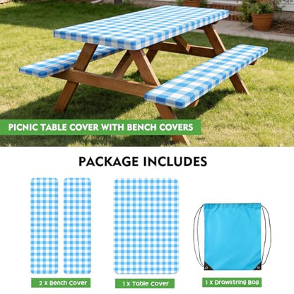 Picnic Table Cover with Bench Covers, Fitted 6ft Waterproof Tablecloth Set for Outdoor Camping & RV - Includes 1 Table Cover & 2 Bench Covers with Drawstring Storage Bag, 30"x72", White Blue Grid - color: White Blue Grid